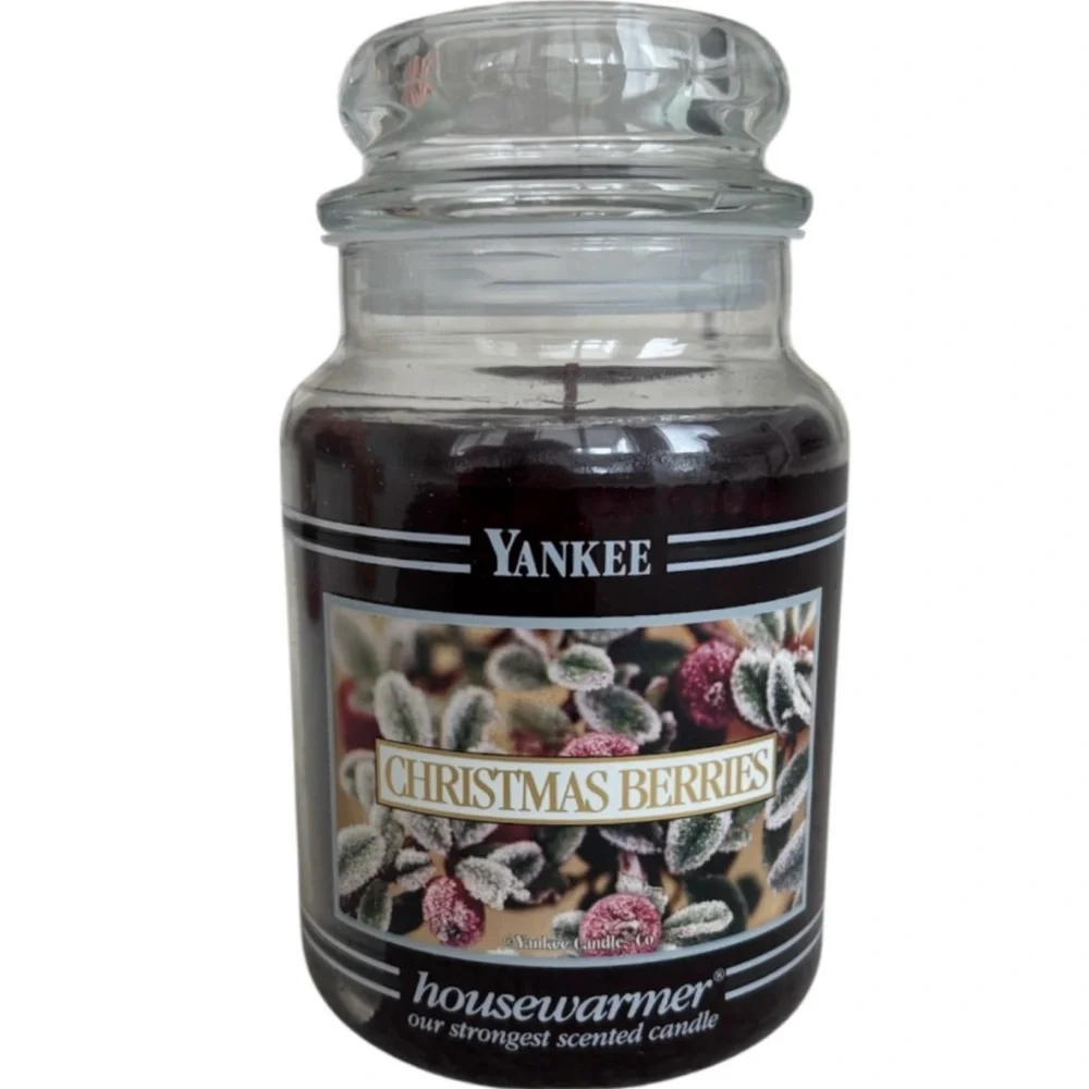 Yankee Candle Jar Christmas Berries Vintage Black Band Burgundy Deep Red 22 Oz